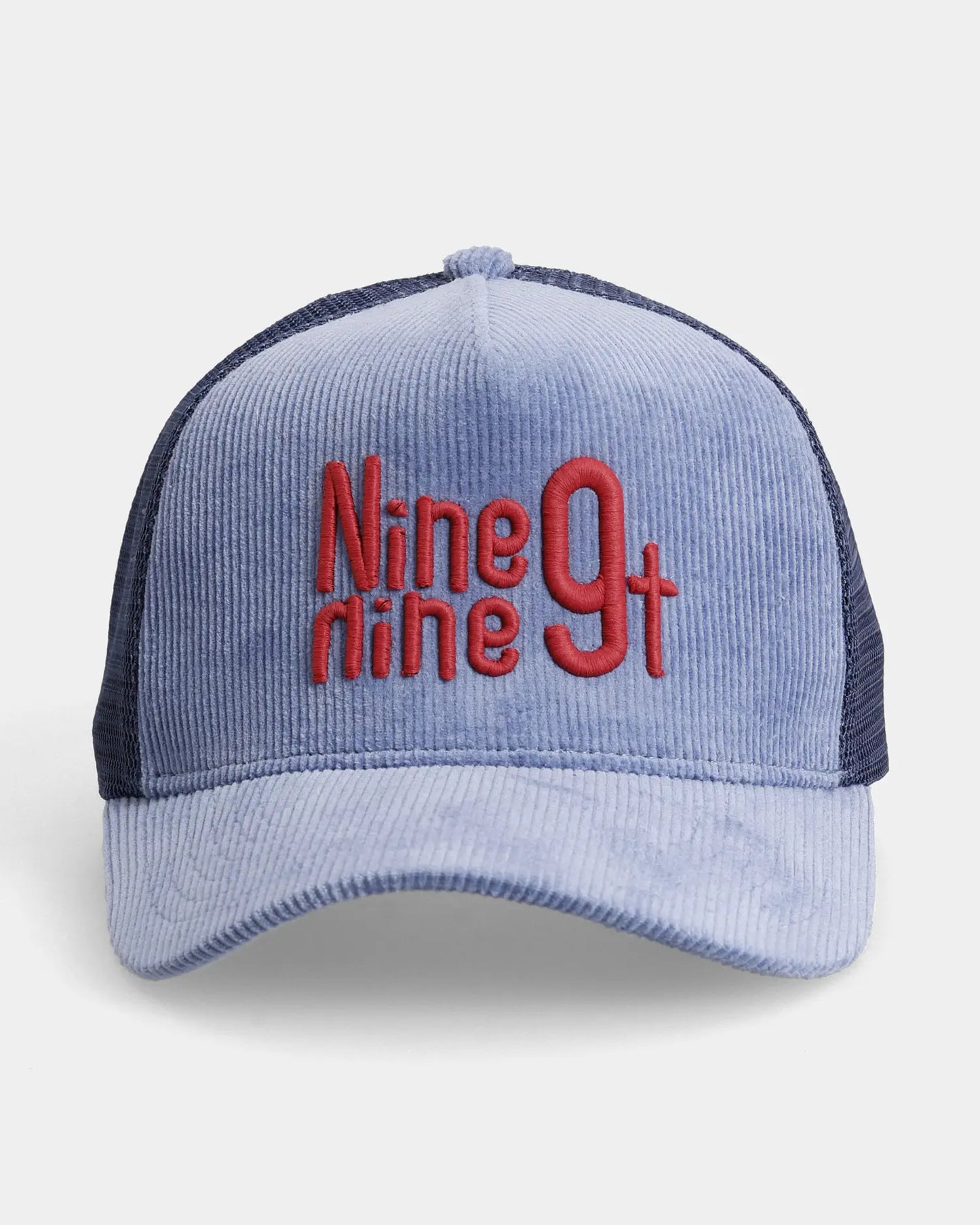 Blue corduroy trucker cap with red Nine9ninet embroidery, front view product shot
