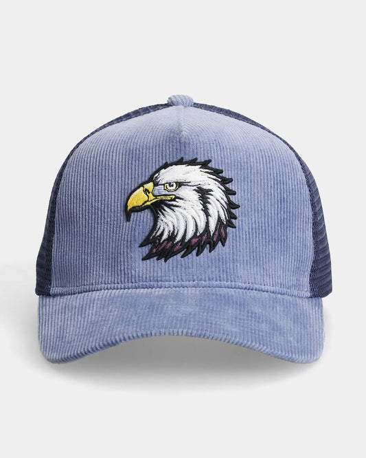 Blue corduroy trucker cap with eagle head embroidery, front view product shot
