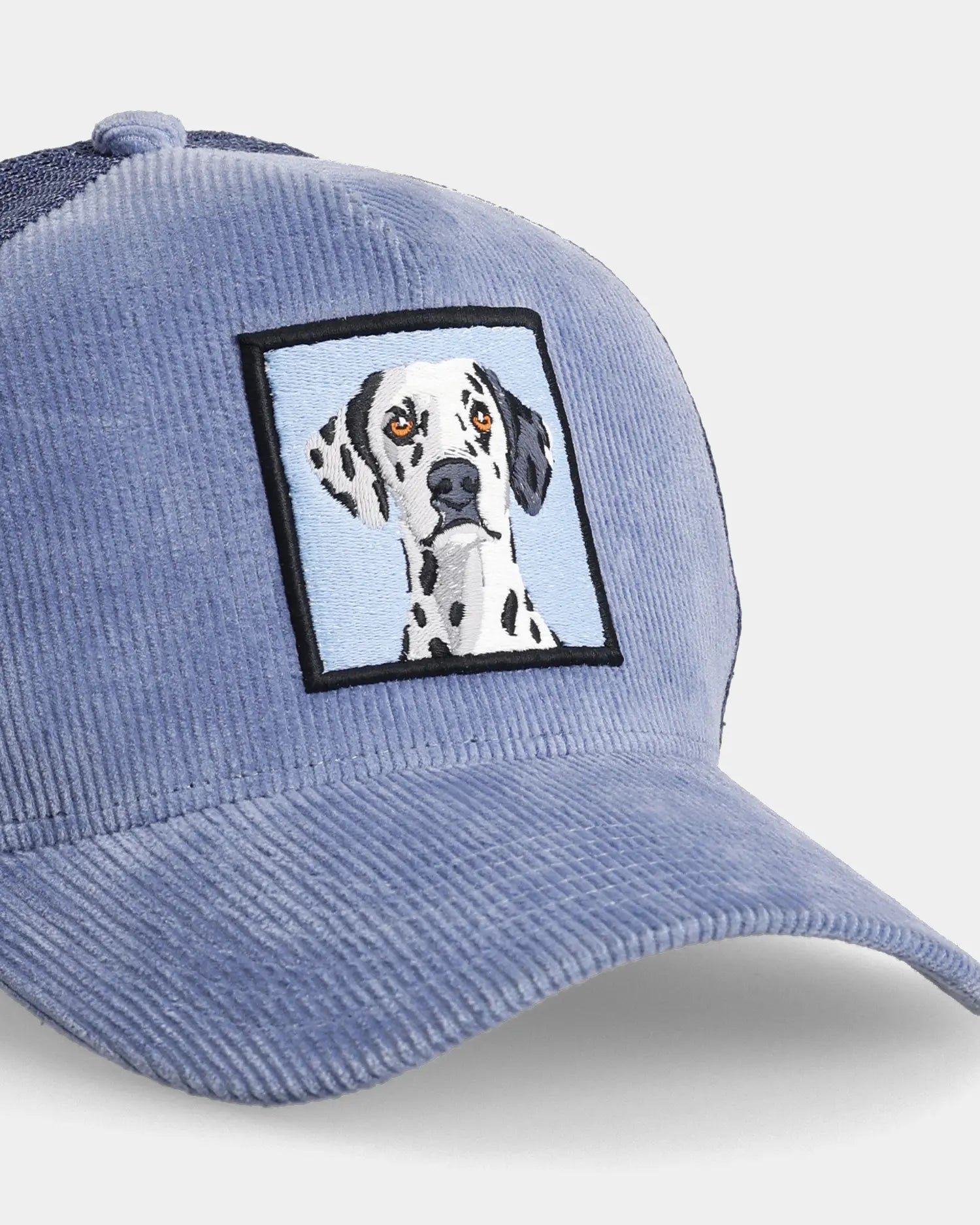 Blue trucker cap close-up with Dalmatian patch detail