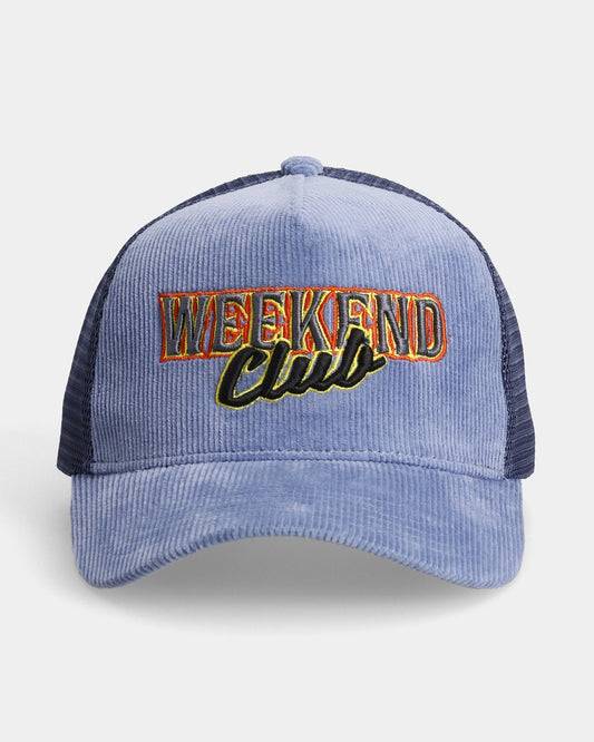 Blue corduroy trucker cap with WEEKEND club embroidery, front view product shot
