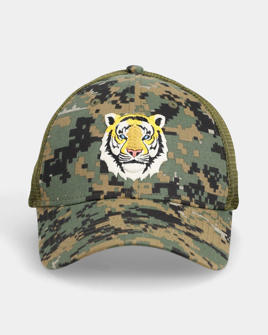 Camouflage cap with tiger face embroidery, front view.