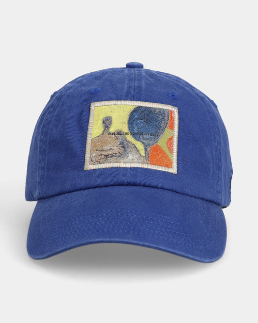 Navy dad cap with Boundless patch graphic, front view
