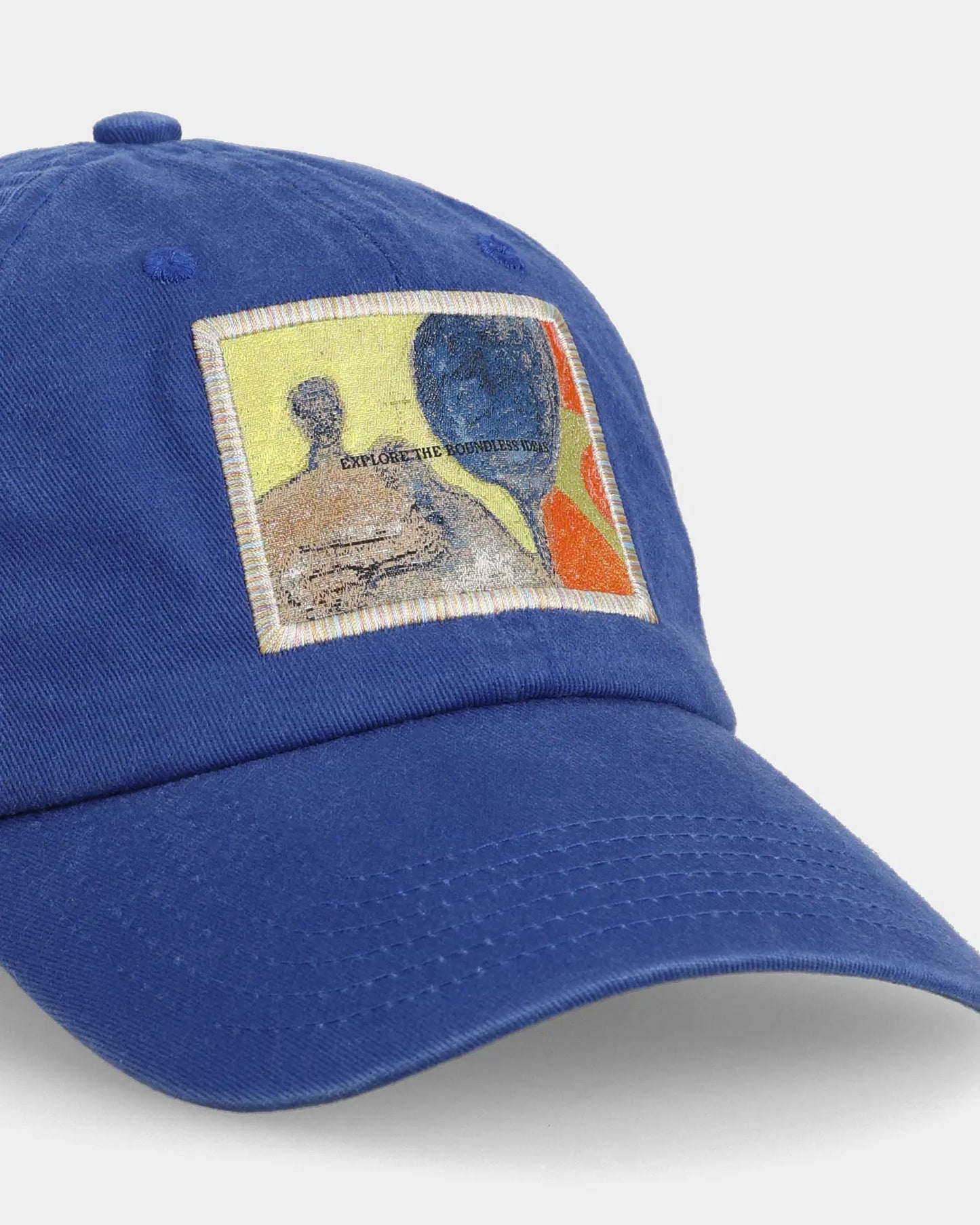 Blue dad cap close-up with rectangular patch detail