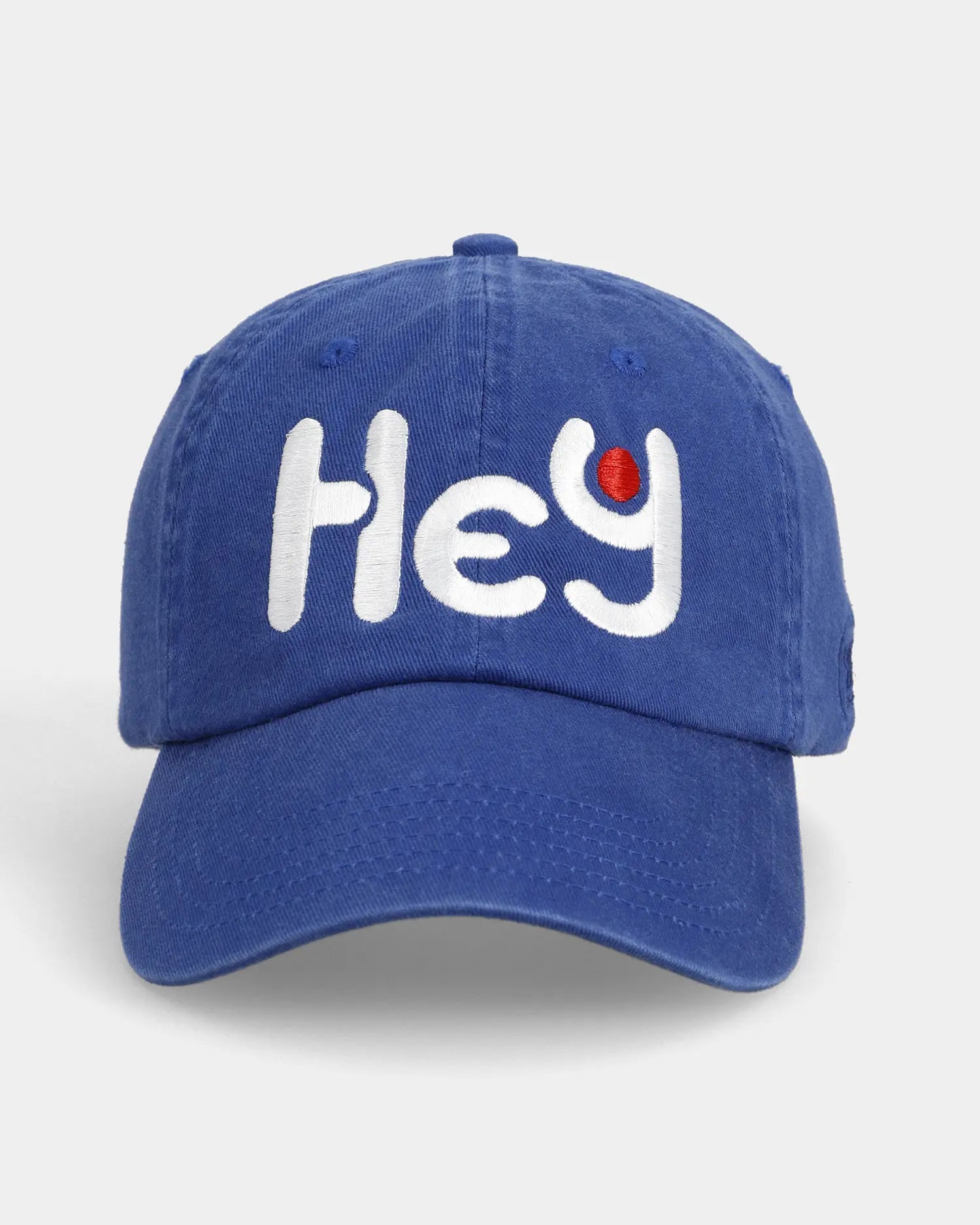 Blue dad cap with Hey embroidery, front view
