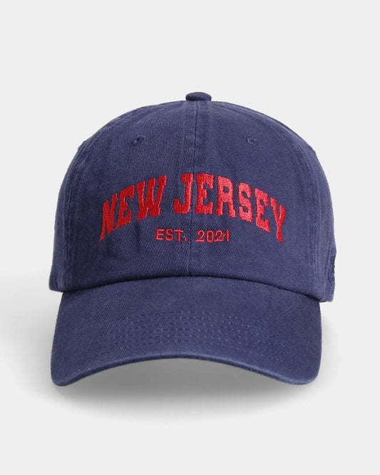 Navy dad cap with red NEW JERSEY EST. 2021 embroidery, front view.