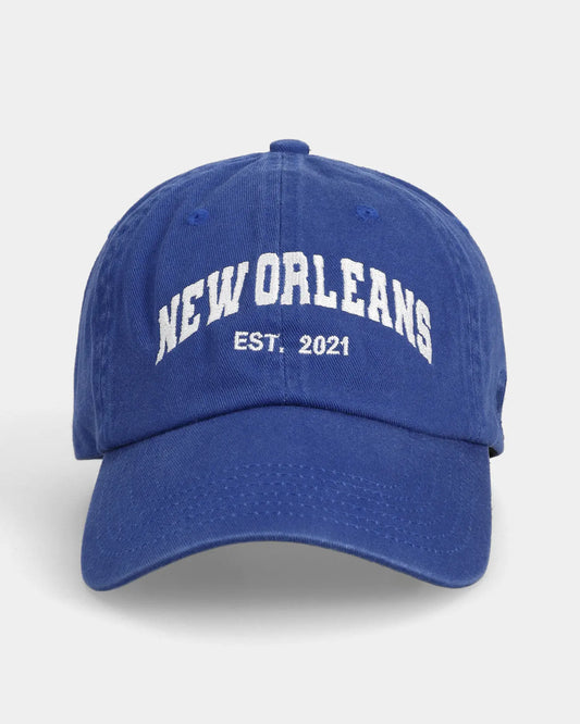 Blue dad cap with NEW ORLEANS EST. 2021 embroidery, front view
