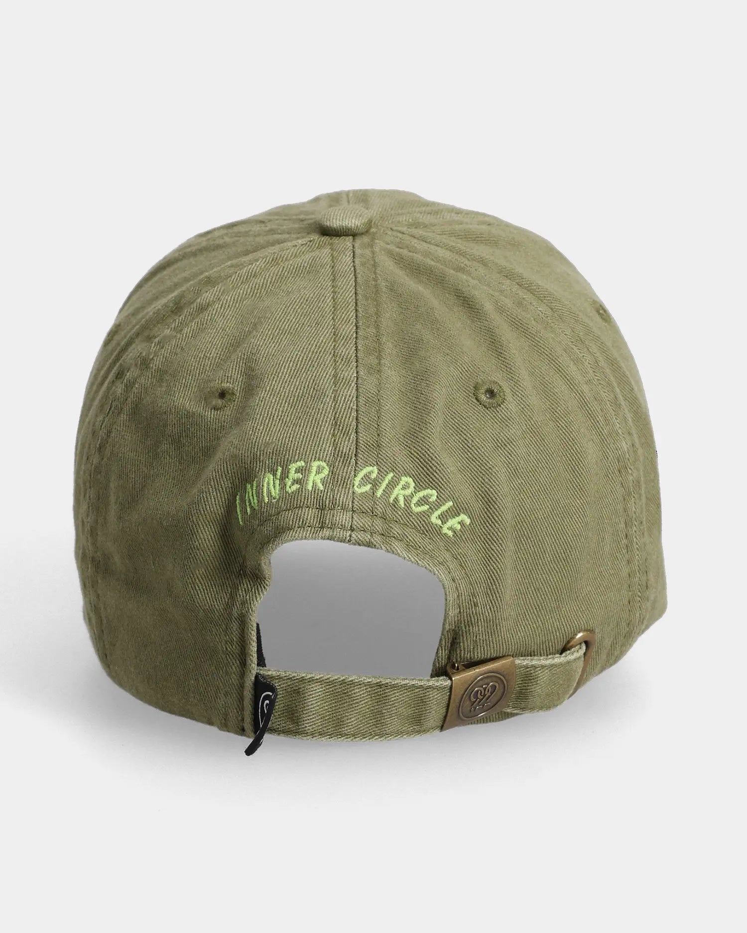 Olive IE dad cap with INNER CIRCLE embroidery, back view
