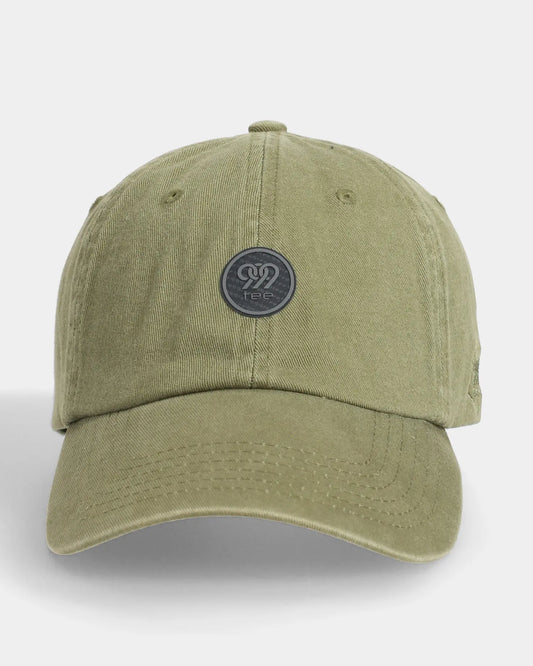 Olive dad cap with round 999tee front badge, front view