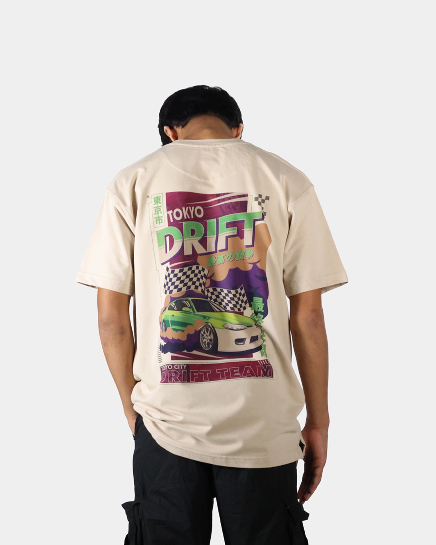 999Tee Beige Unisex Oversized T-shirt with Tokyo Drift design on back and front 01