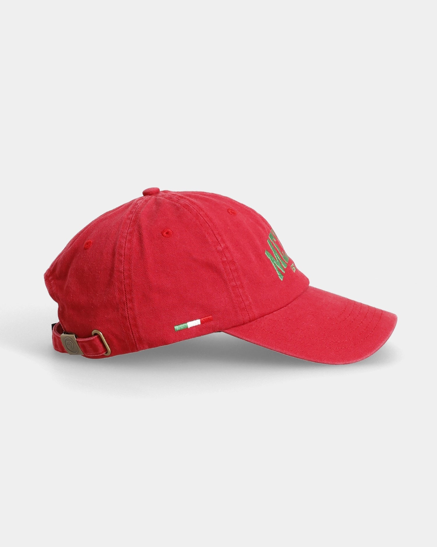 Red Mexico dad cap with Italy flag side tag and buckle strap, side view
