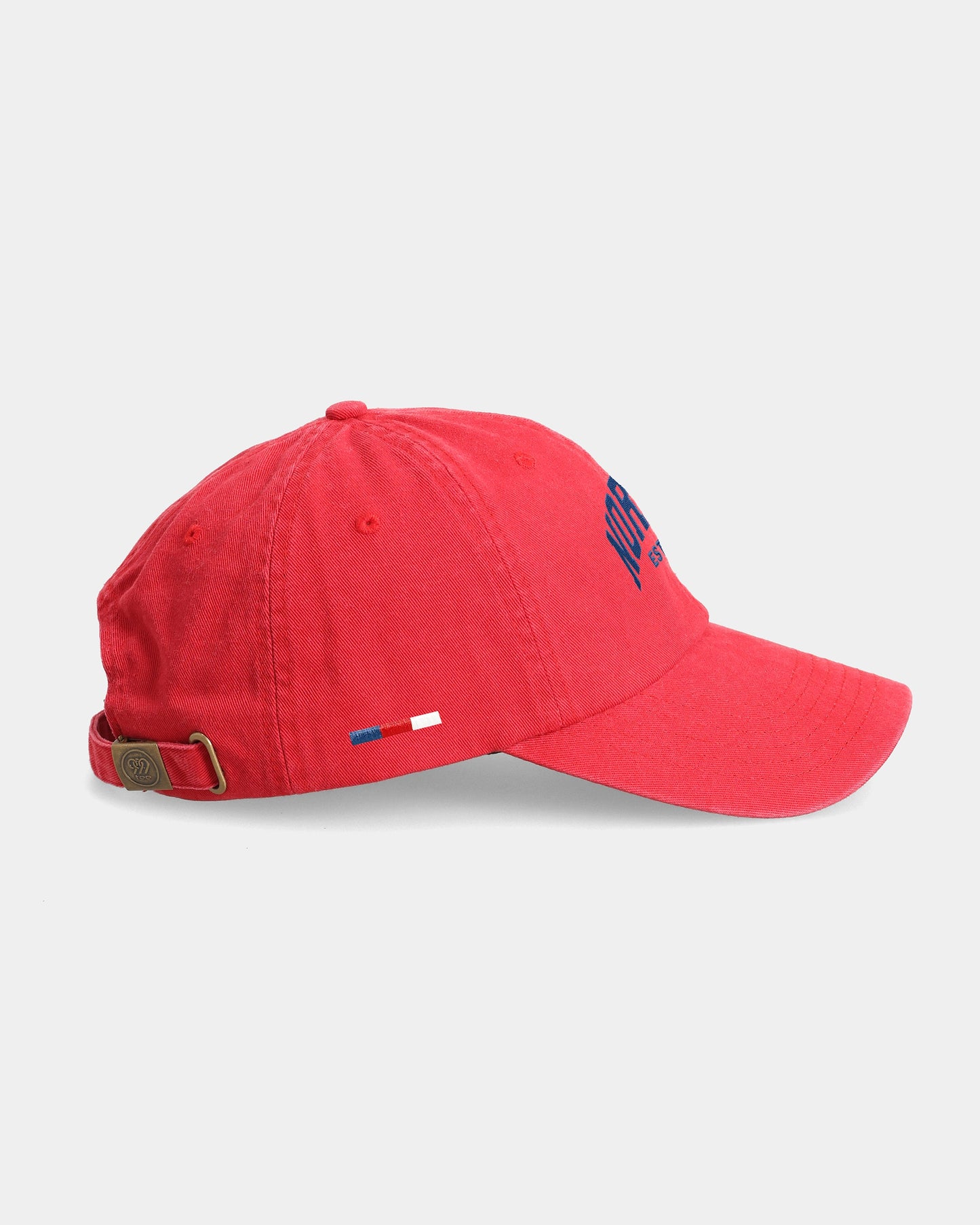 Khaki dad cap with navy embroidery, side view, product photo
