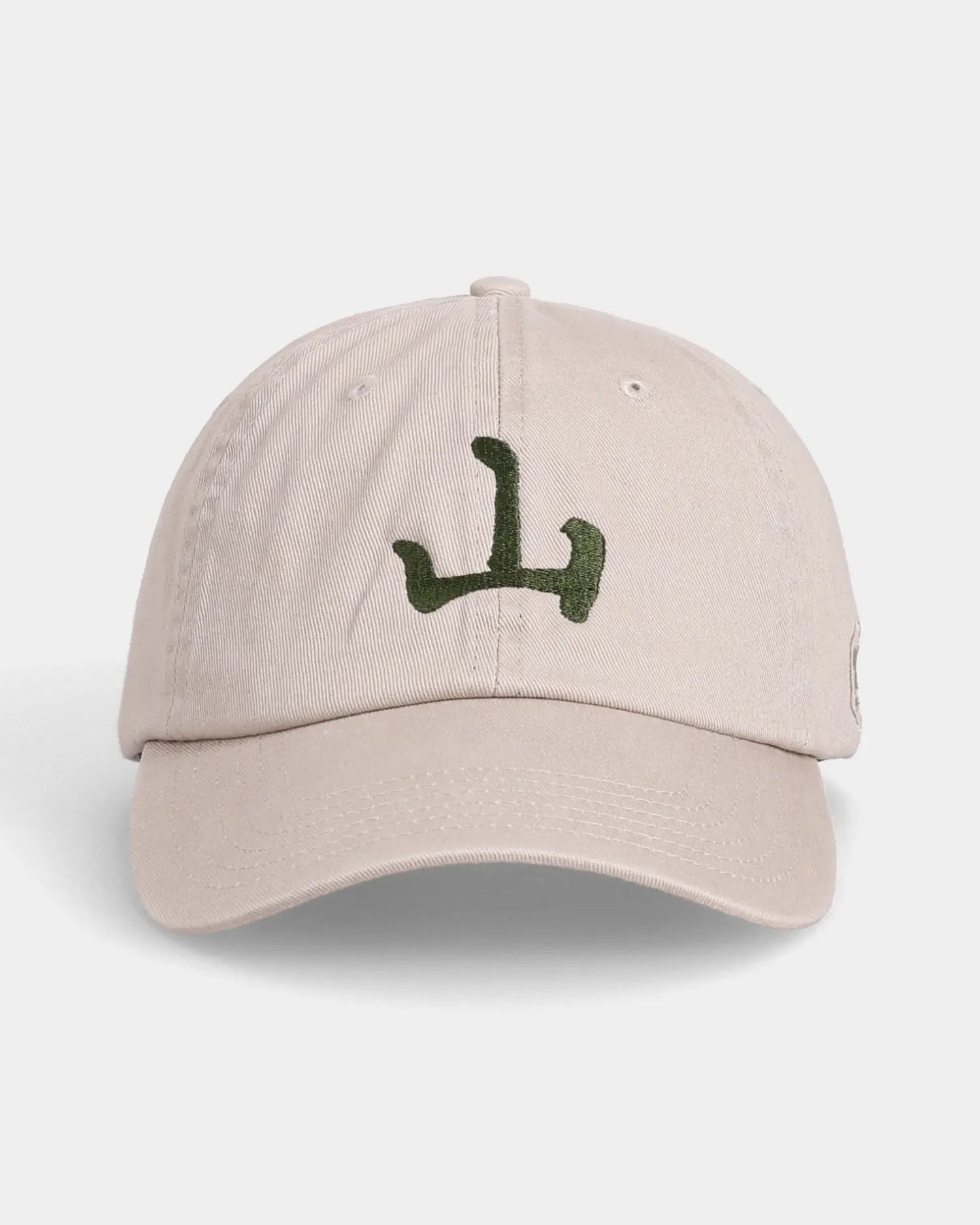 Khaki dad cap front view with olive embroidered symbol detail