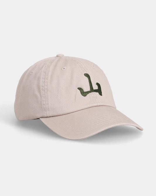 Khaki dad cap with Unshakable embroidery, angled front detail view