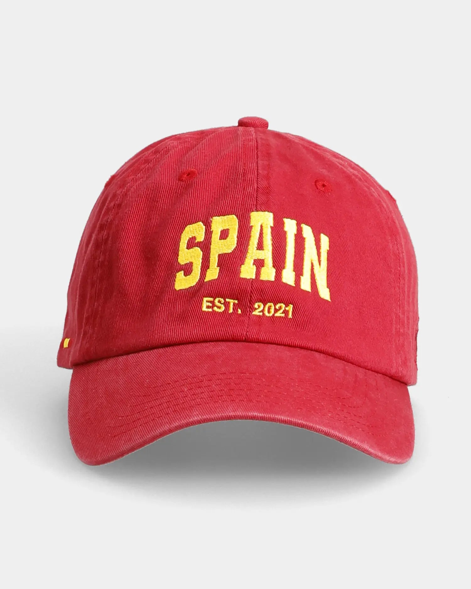 Red Spain Dad Cap front view with embroidered front text detail