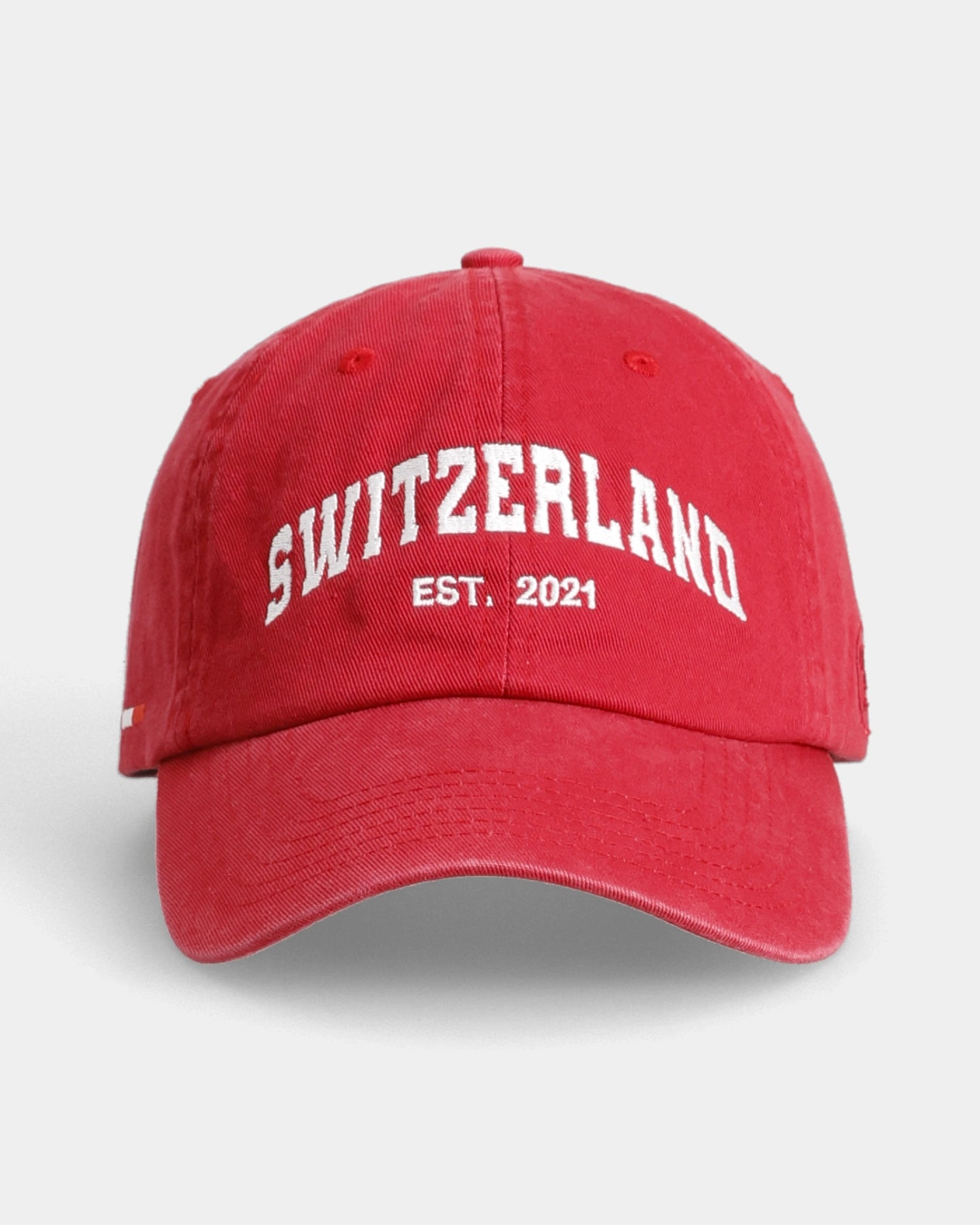 Red Switzerland Dad Cap with SWITZERLAND EST. 2021 embroidery, front close-up