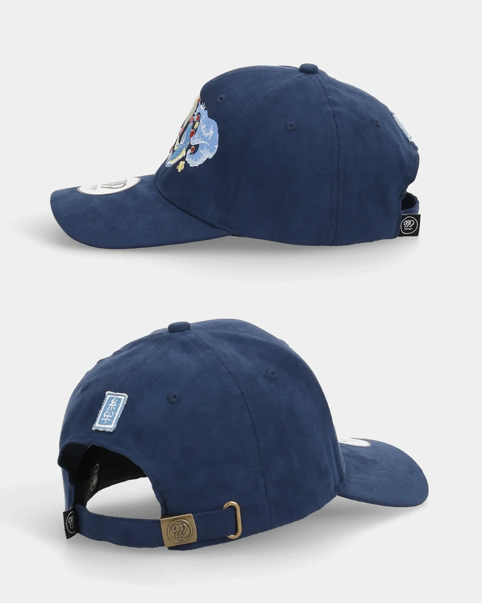 Blue suede Koi Drift baseball cap, side and back view collage