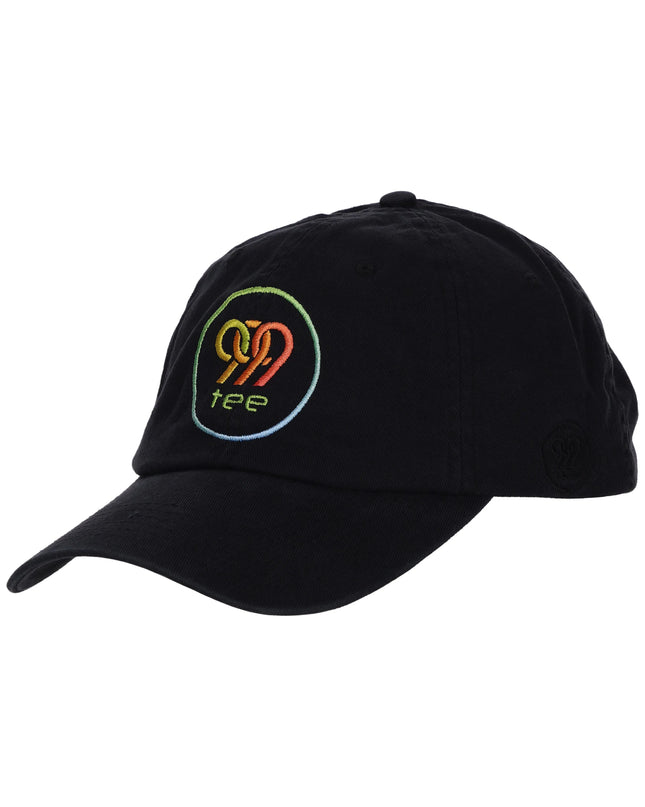 999Tee black coloured dad cap with 999tee logo embroidered on it with a colour gradient using coloreel technology.