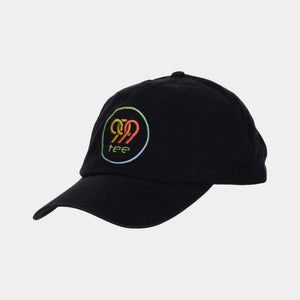 999Tee black coloured dad cap with 999tee logo embroidered on it with a colour gradient using coloreel technology.