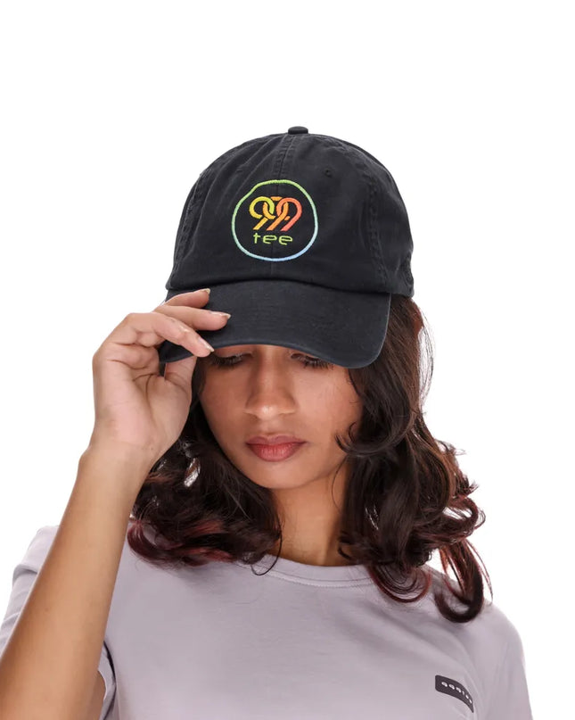 999Tee black coloured dad cap with 999tee logo embroidered on it with a colour gradient using coloreel technology.