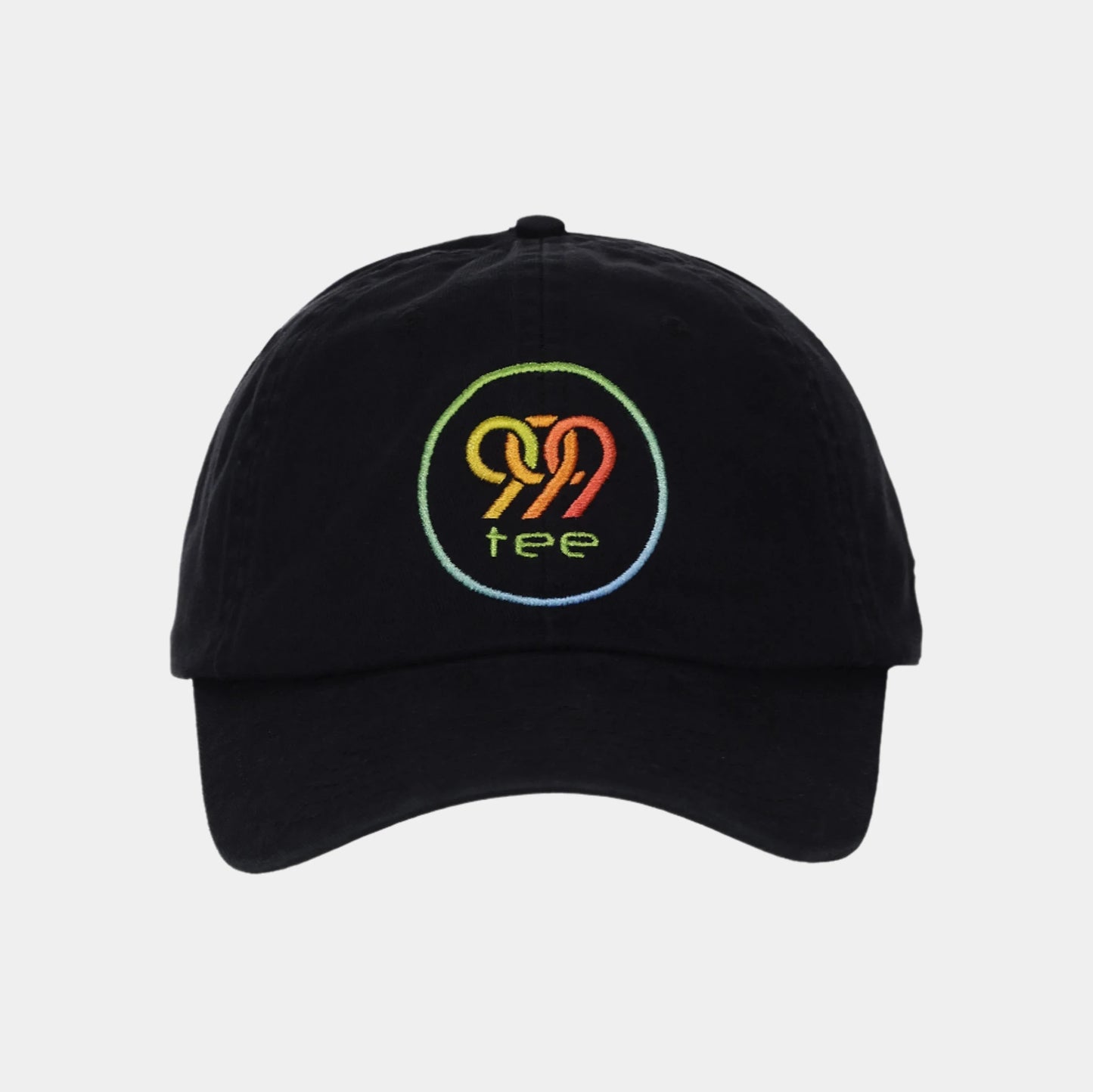 999Tee black coloured dad cap with 999tee logo embroidered on it with a colour gradient using coloreel technology.