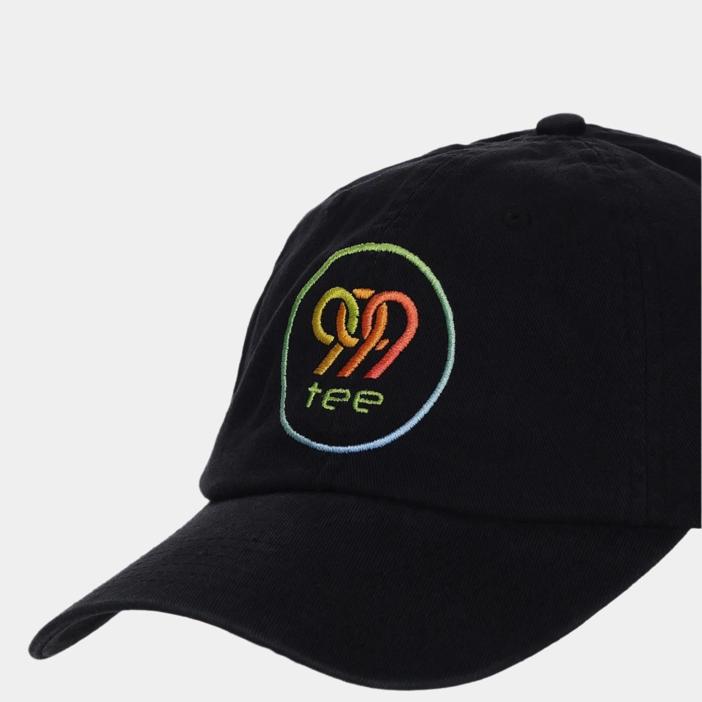 999Tee black coloured dad cap with 999tee logo embroidered on it with a colour gradient using coloreel technology.