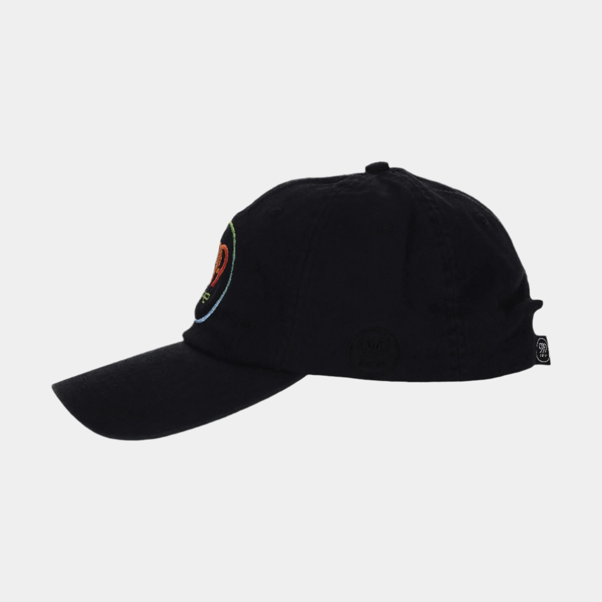 999Tee black coloured dad cap with 999tee logo embroidered on it with a colour gradient using coloreel technology.