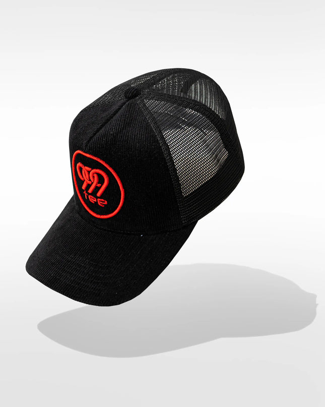 999Tee black coloured trucker cap with 999tee logo embroidered on it using red thread.