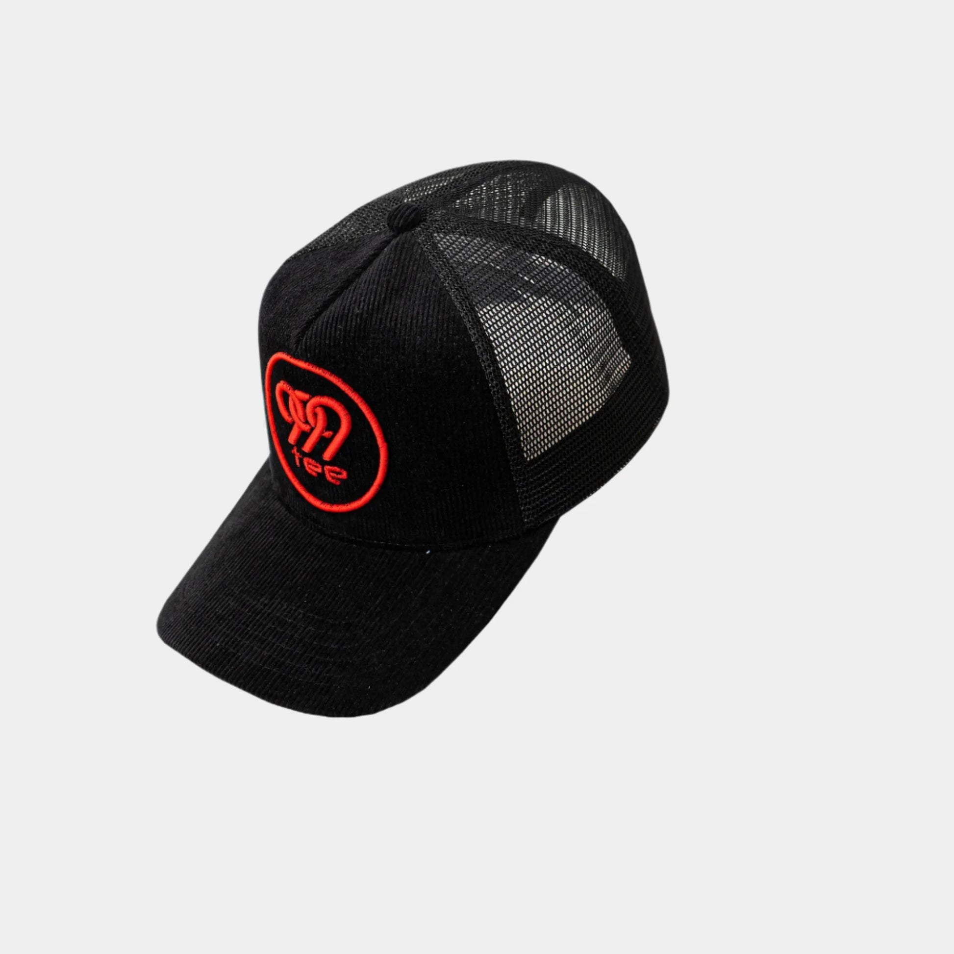 999Tee black coloured trucker cap with 999tee logo embroidered on it using red thread.