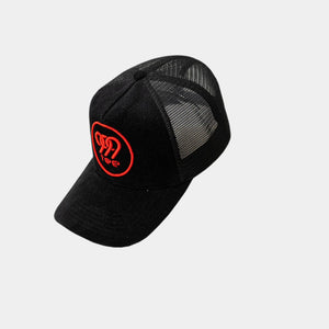 999Tee black coloured trucker cap with 999tee logo embroidered on it using red thread.