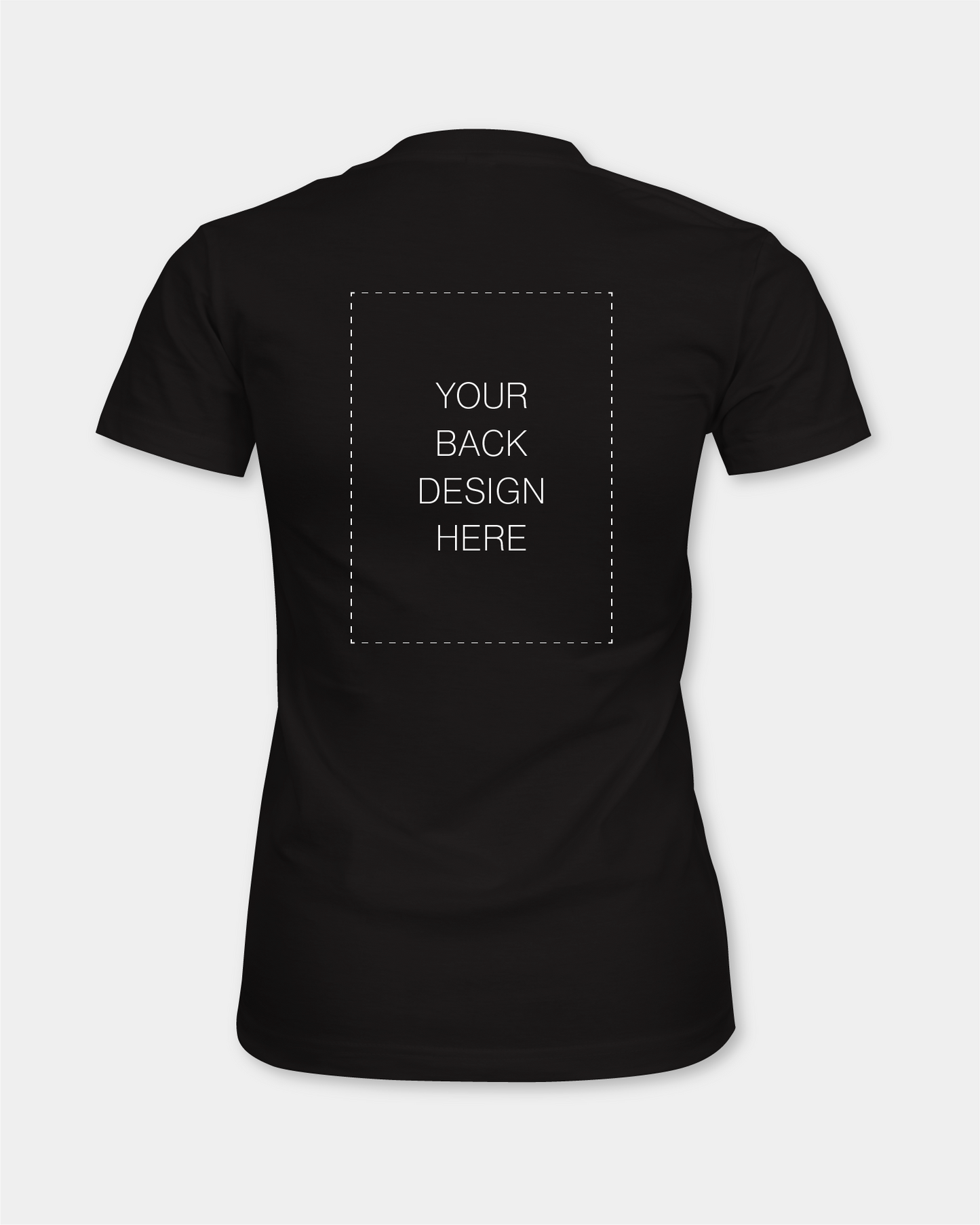 Black t-shirt with space for customisation on a white background