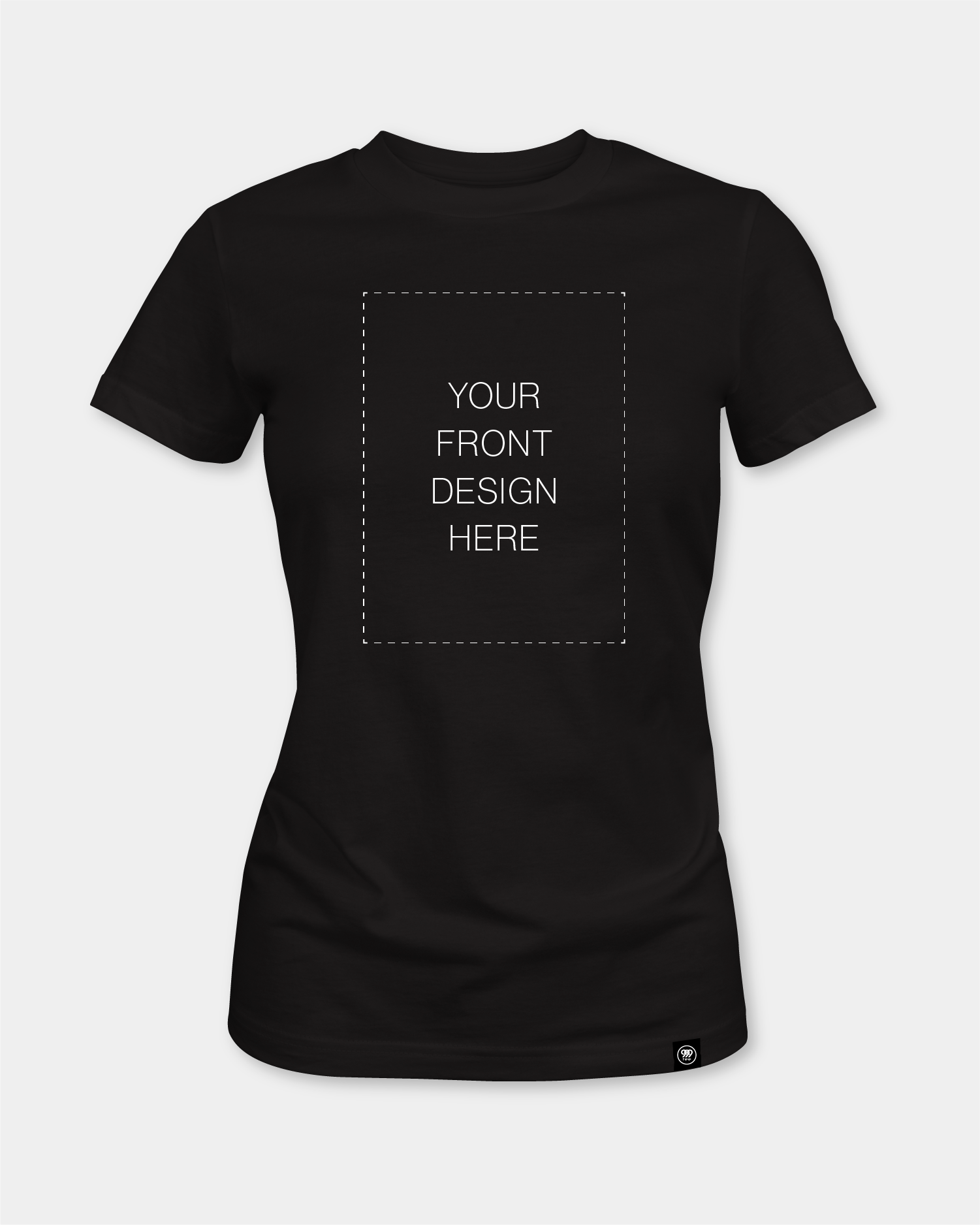 Black t-shirt with a customizable design on a white background