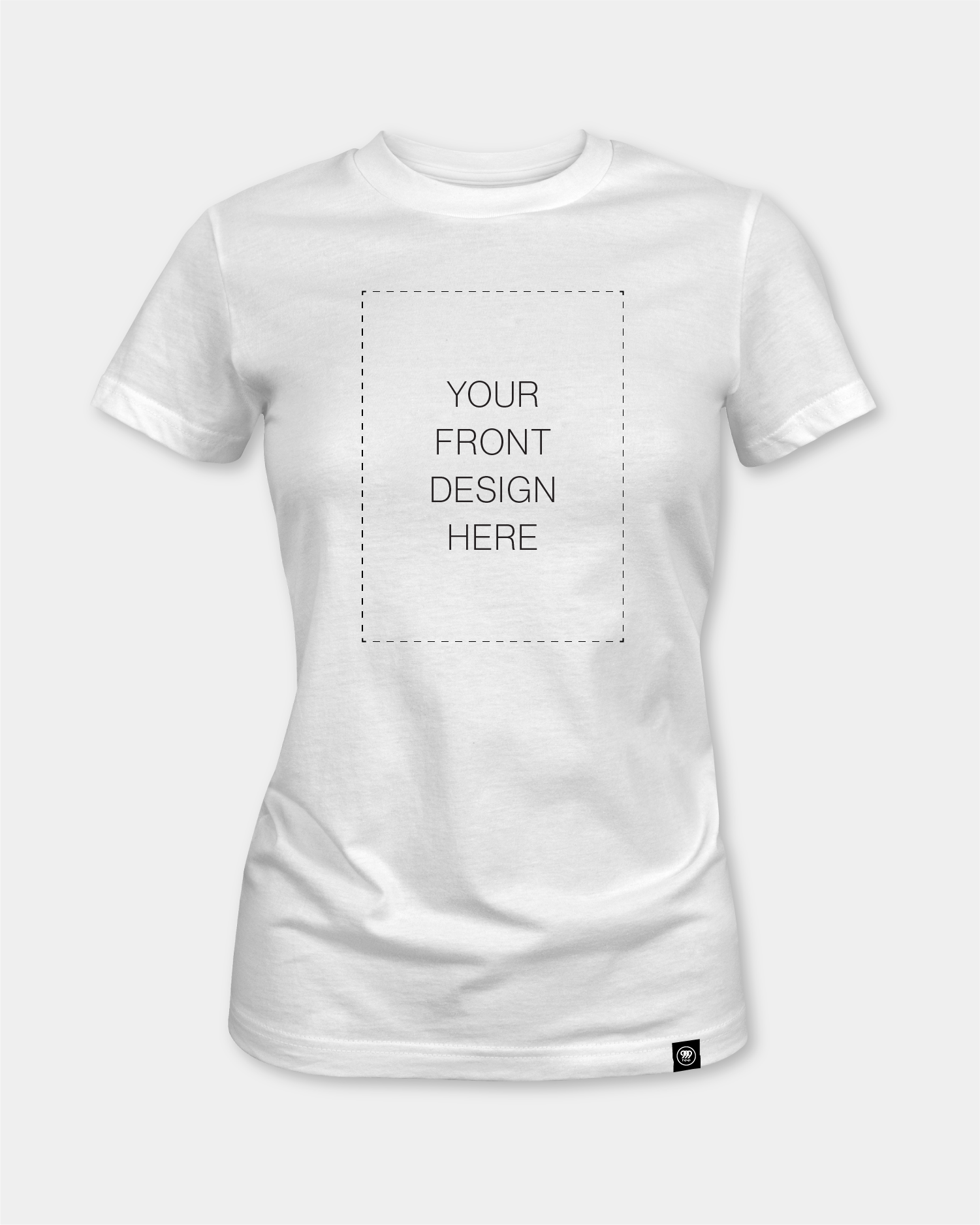 White t-shirt with a front design placeholder on a light gray background