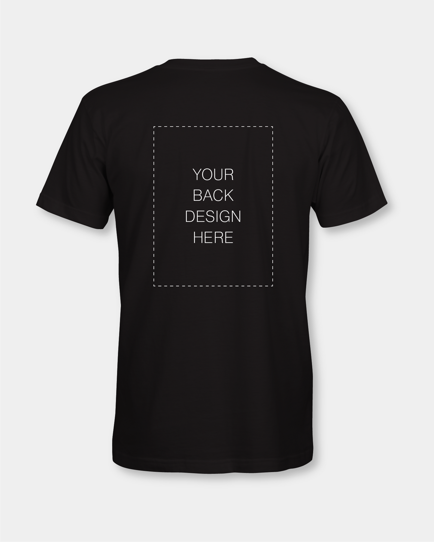 Black t-shirt with a design area on the back against a white background