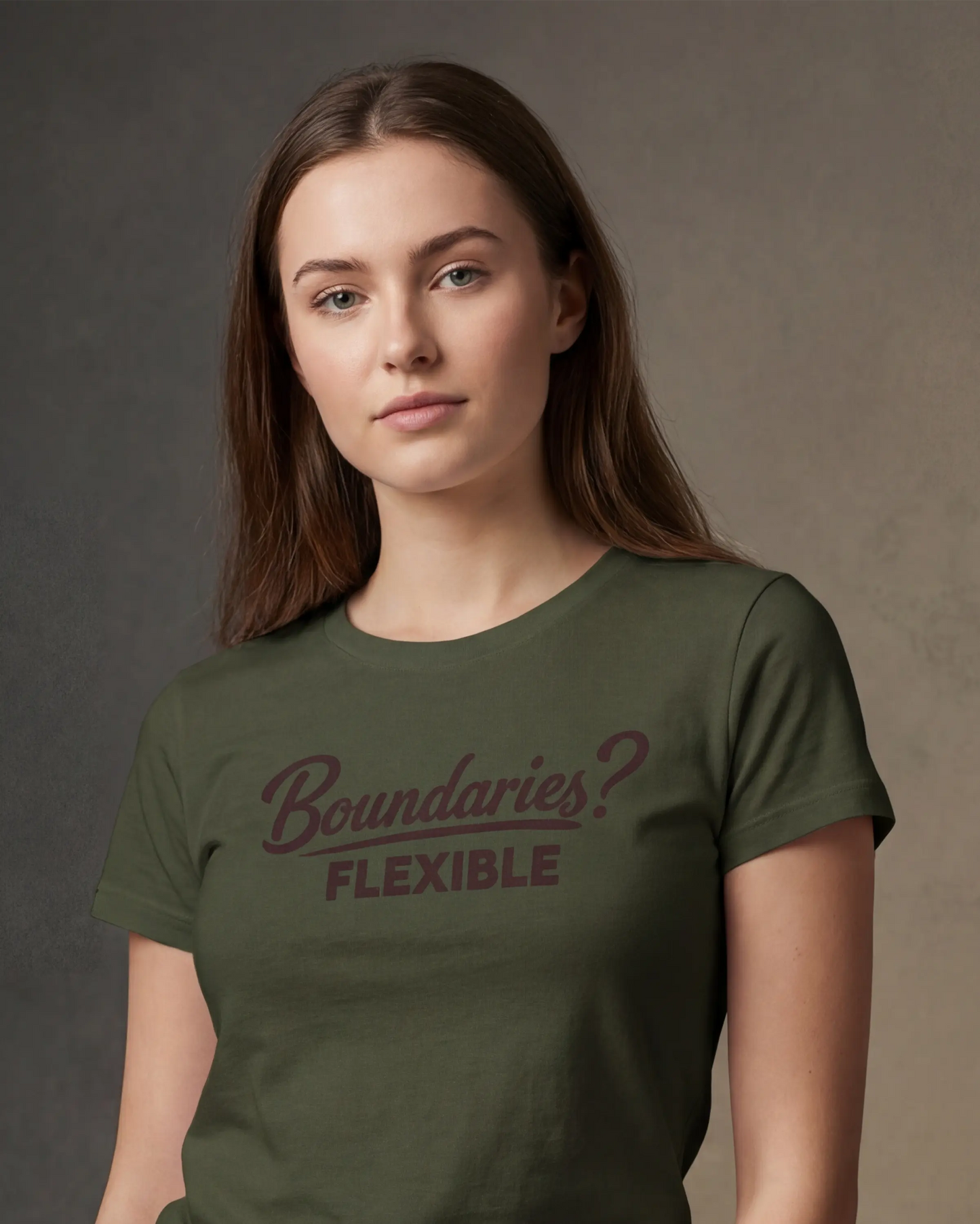 Model wearing olive t-shirt with Boundaries? FLEXIBLE text, close-up model shot
