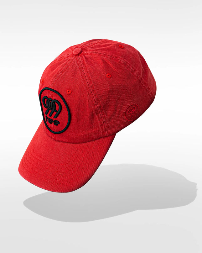 999Tee red coloured dad cap with 3D Puff embroidered 999tee logo with black coloured  thread.