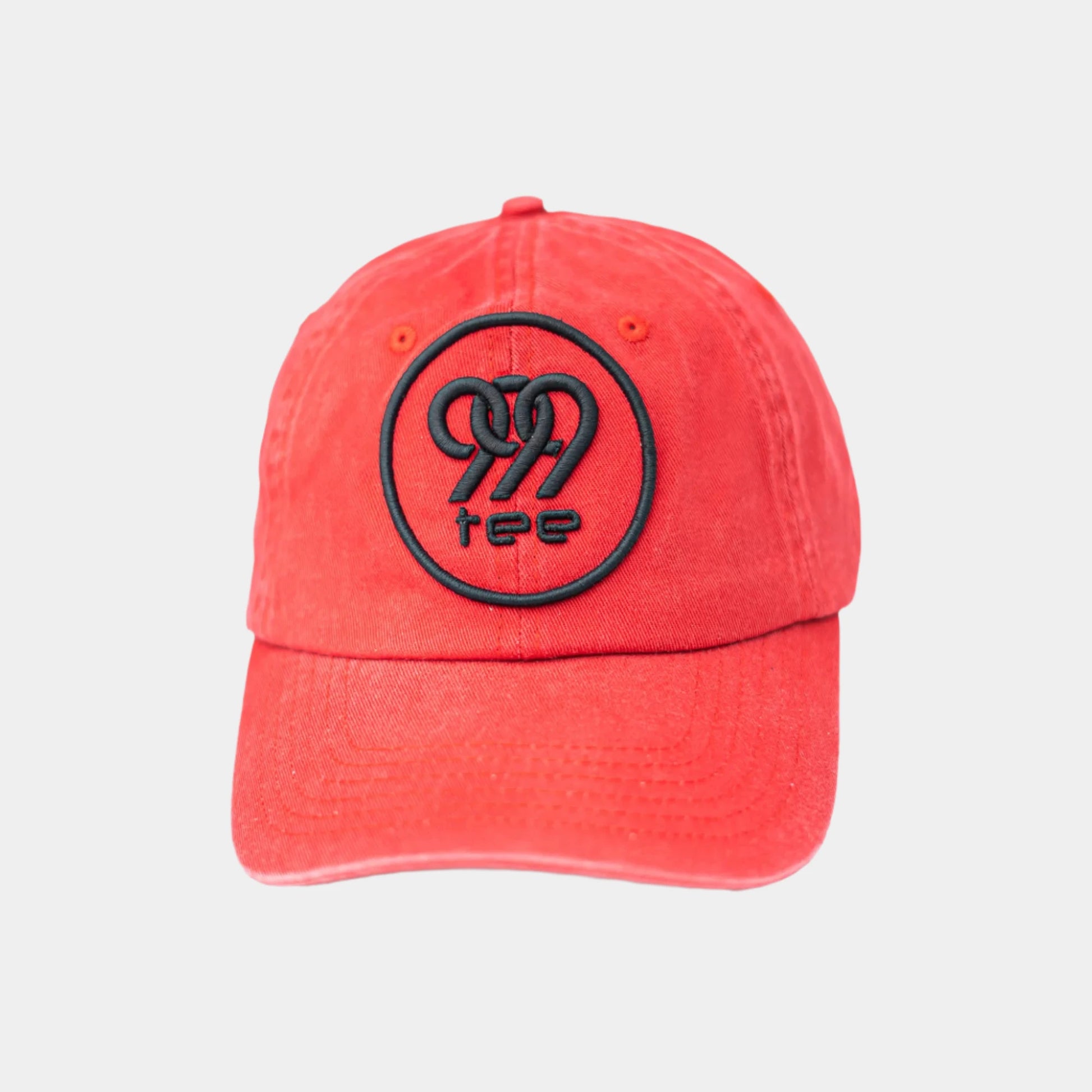 999Tee red coloured dad cap with 3D Puff embroidered 999tee logo with black coloured  thread.