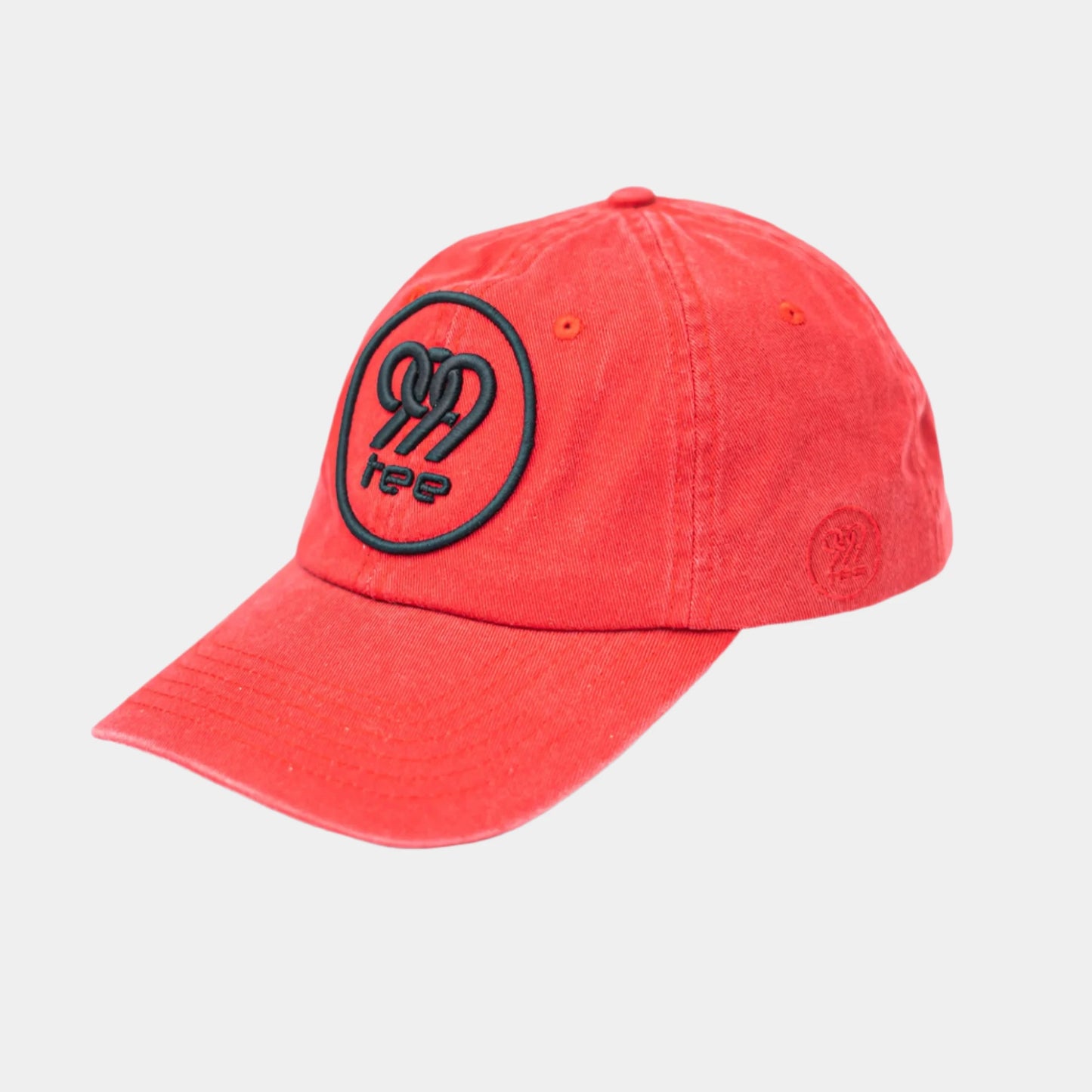 999Tee red coloured dad cap with 3D Puff embroidered 999tee logo with black coloured  thread.