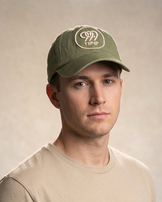 Model wearing 999tee Dad Cap Vol. 05 on a plain background