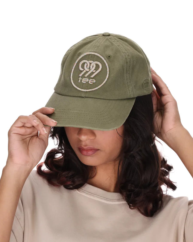 999Tee olive coloured dad cap with 3D Puff embroidered 999Tee logo using multicoloured thread.