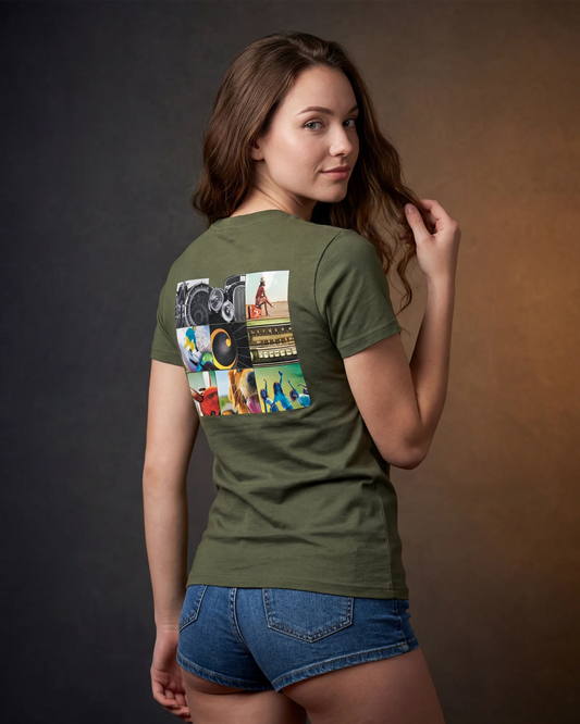 Model wearing olive t-shirt with collage back graphic, back view model shot