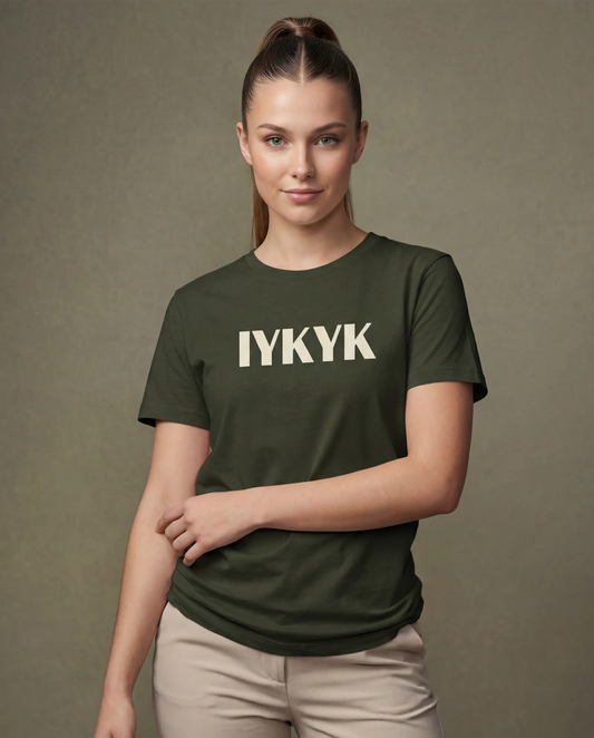Model wearing olive t-shirt with IYKYK print, front view model shot
