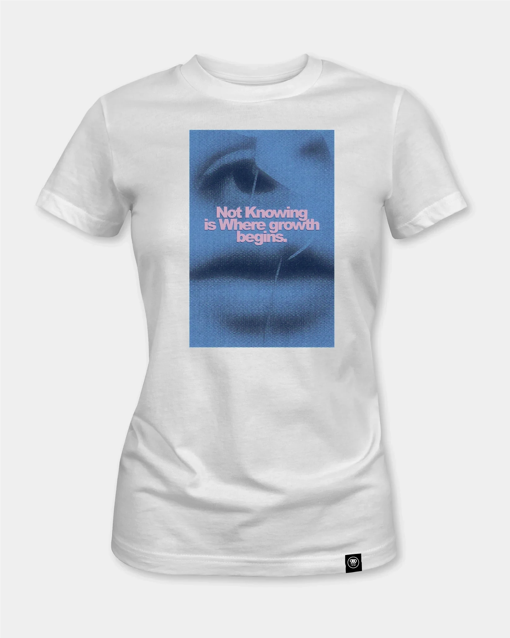Front view of 999TEE Not Knowing women’s t-shirt in white with a minimal graphic and pink HD vinyl highlight.
