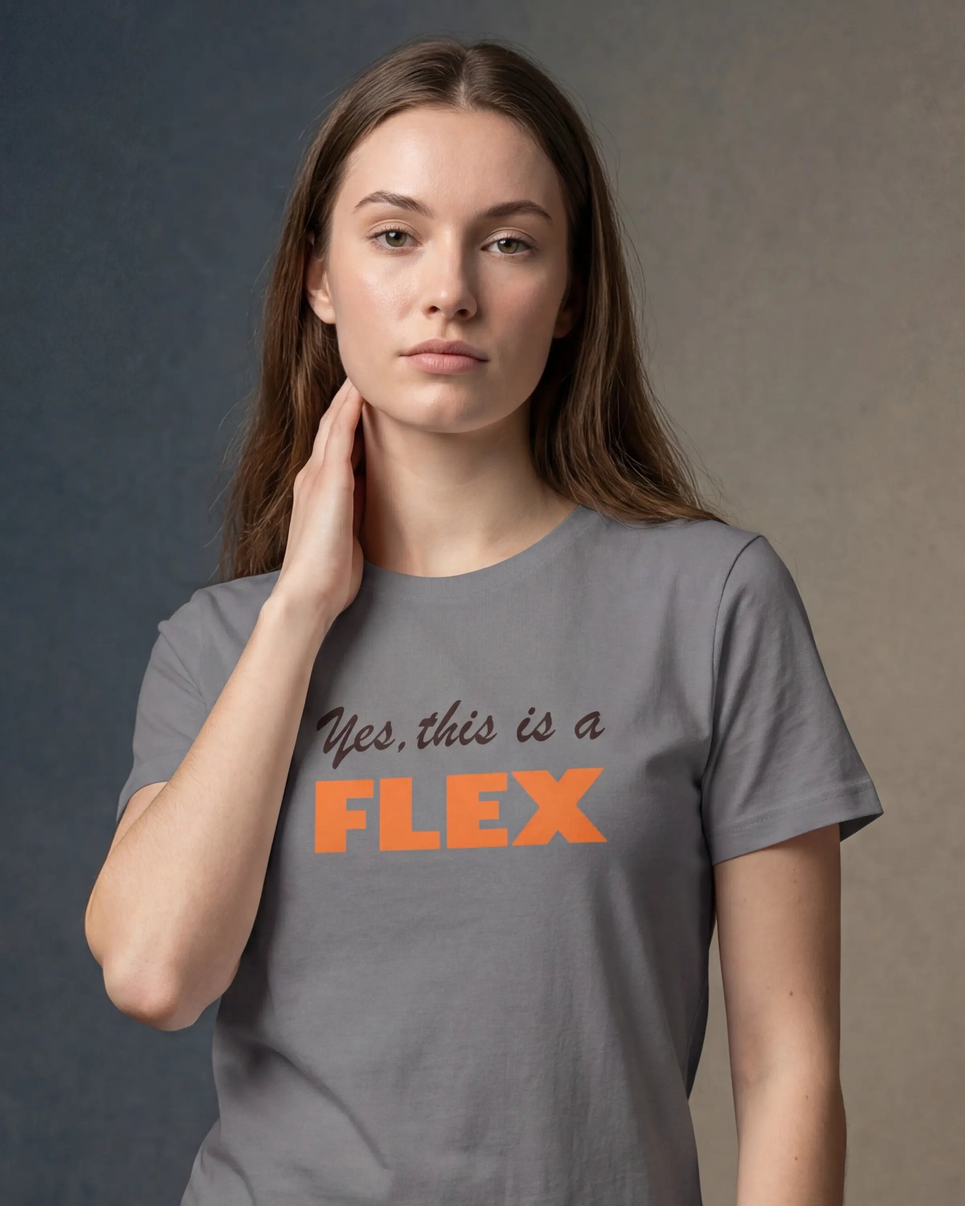 Close-up model wearing lavender dust t-shirt with Yes, this is a FLEX text
