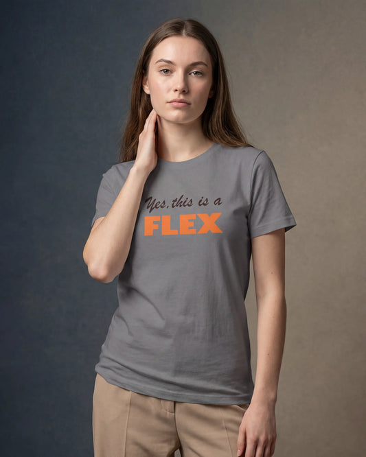 Model wearing lavender dust t-shirt with Yes, this is a FLEX text, front view model shot
