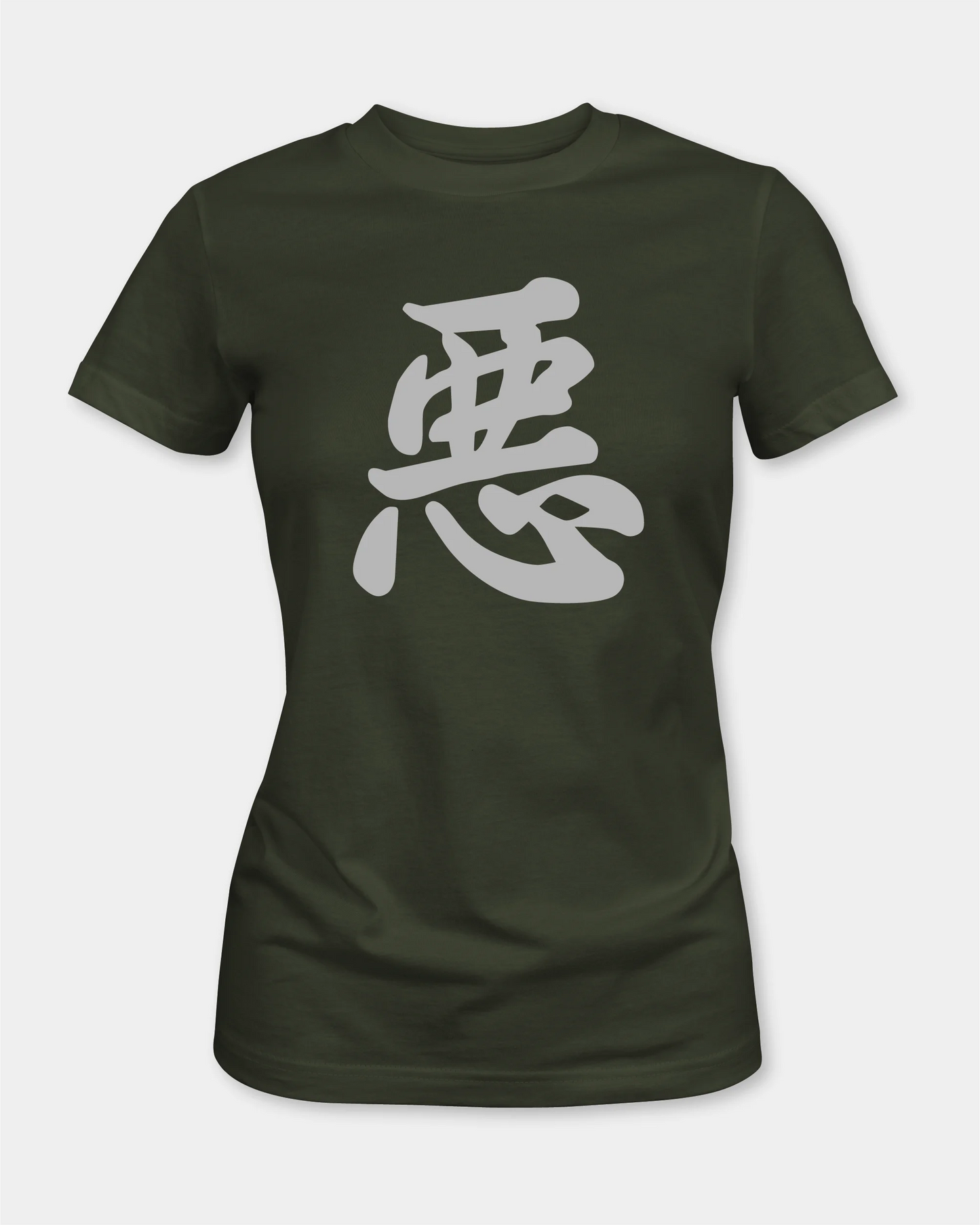Female olive T-shirt with Japanese character graphic, front product view
