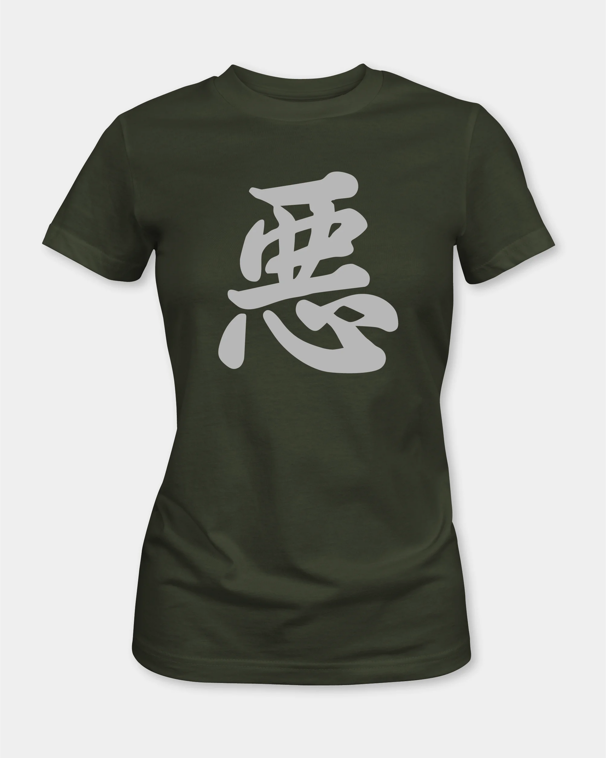Female olive T-shirt with Japanese character graphic, front product view
