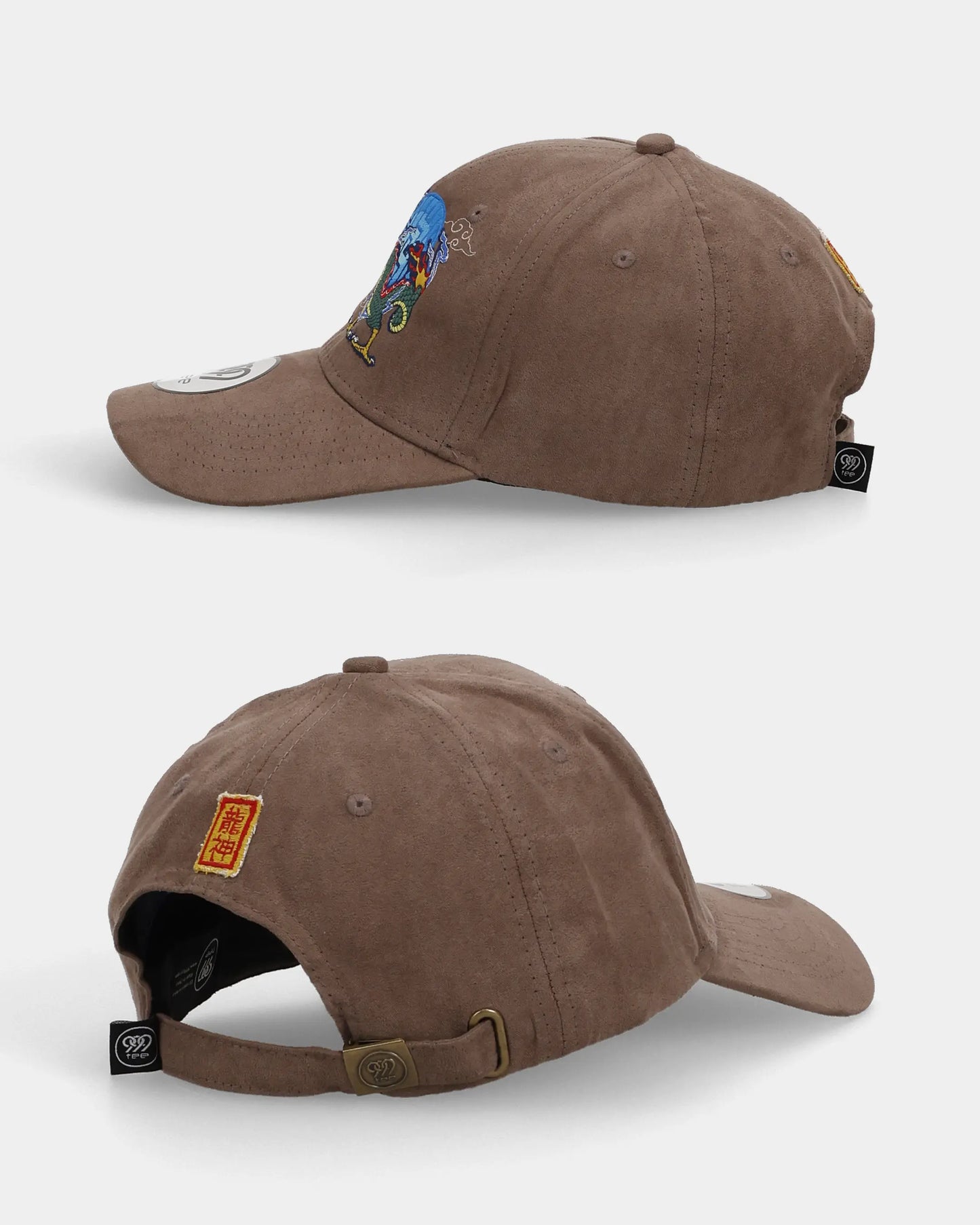 Brown Ryujin Suede Cap side and back views with strap detail