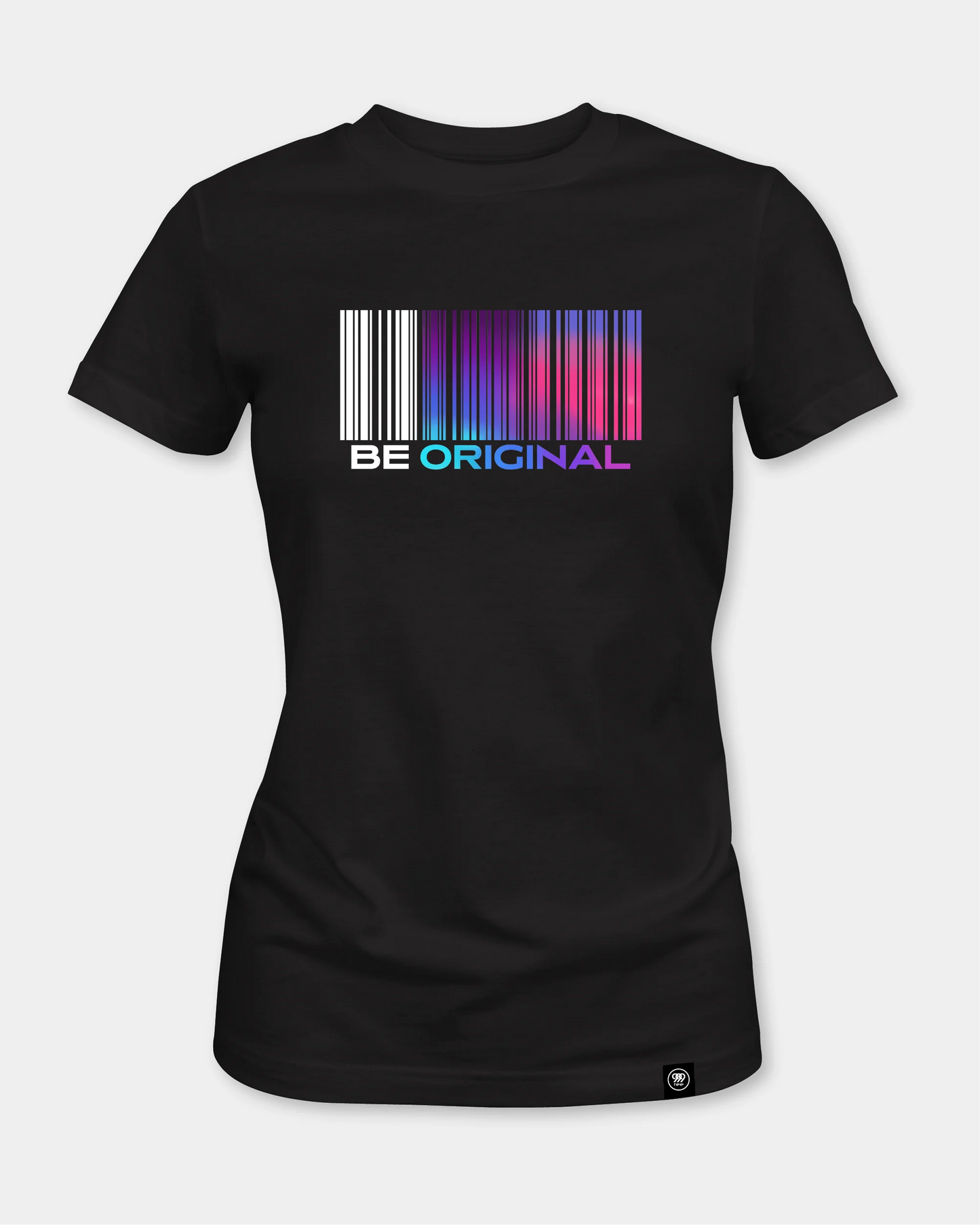 Female black t-shirt with BE ORIGINAL barcode graphic, front view
