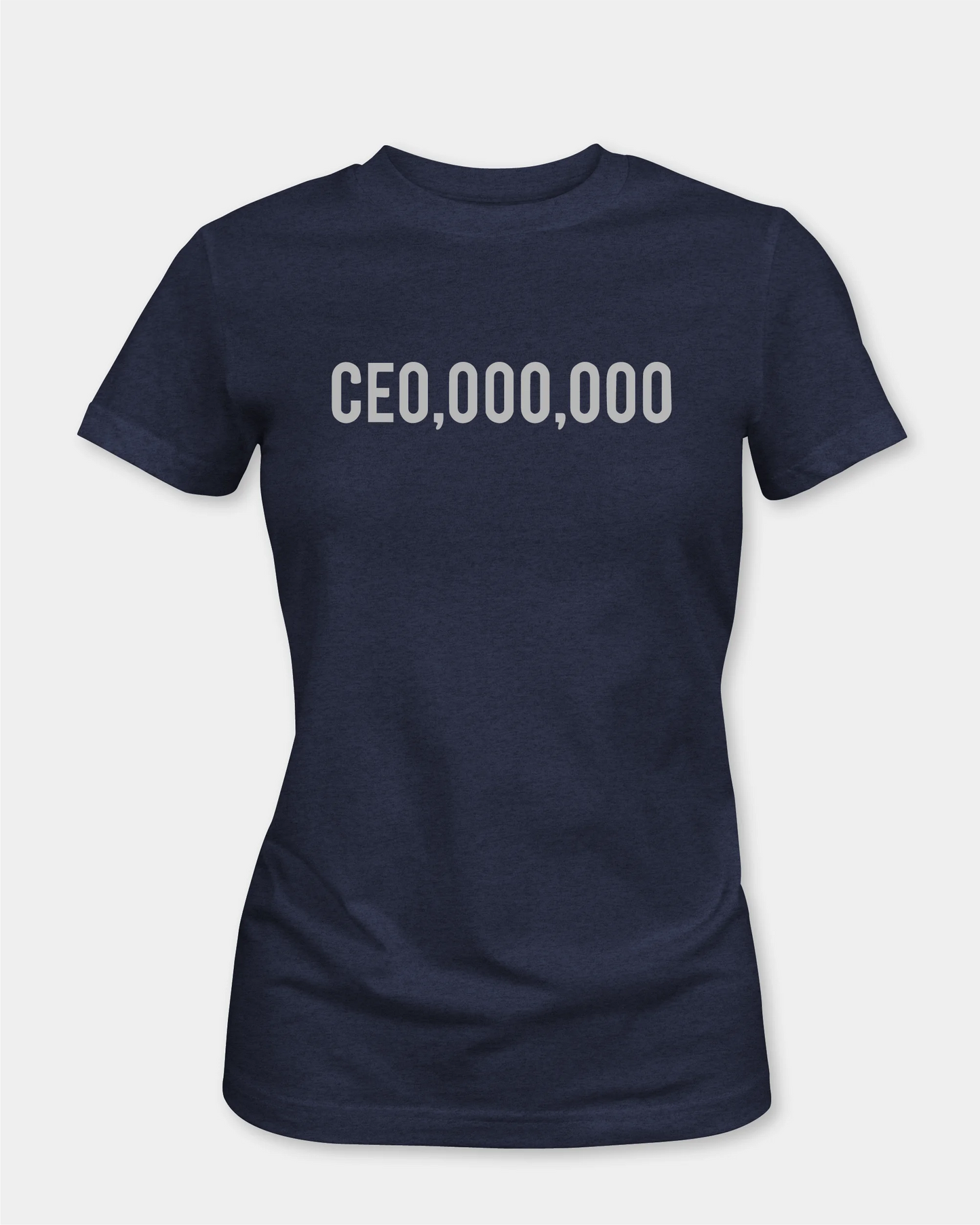Female denim melange T-shirt with CEO,000,000 text, front product view
