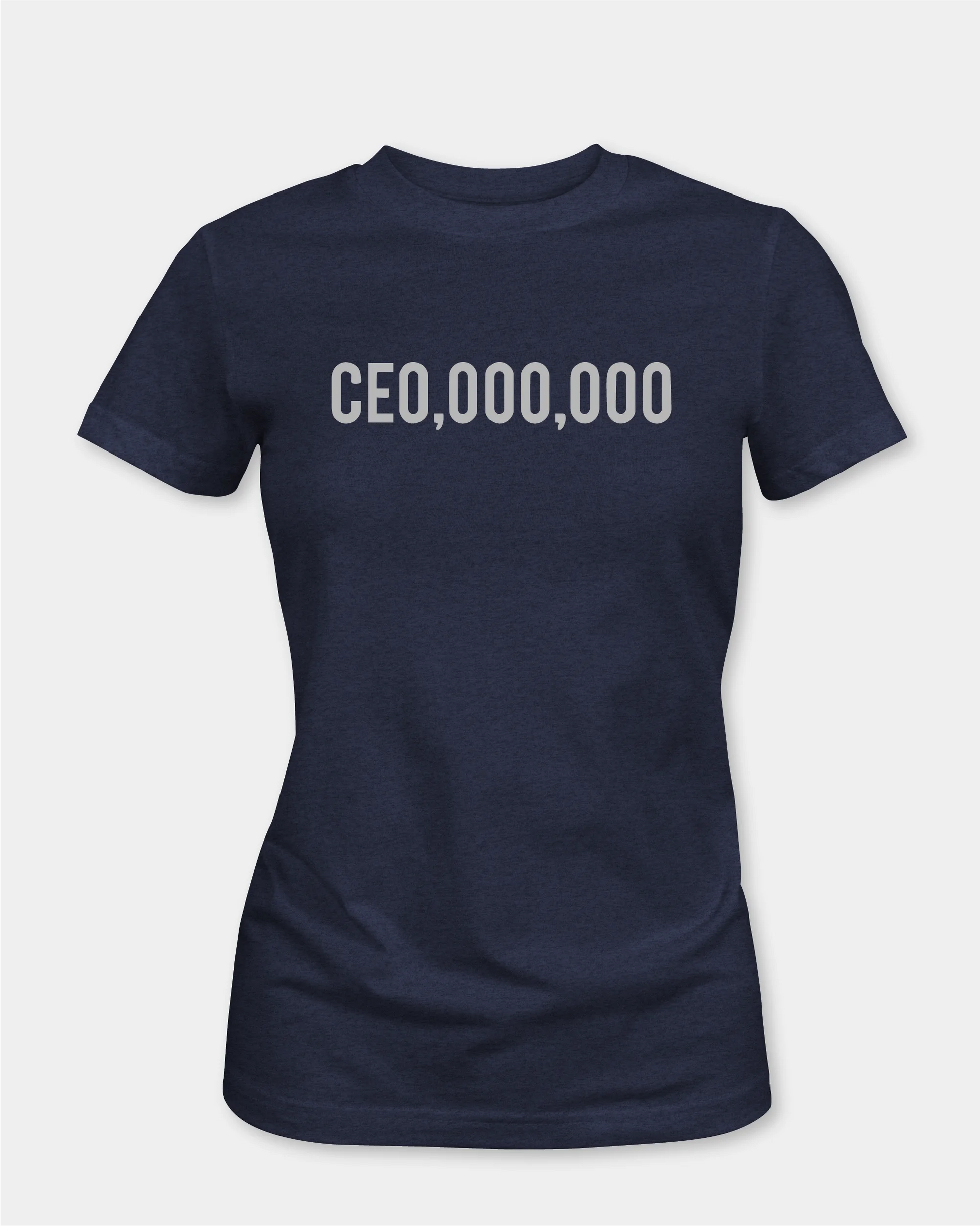 Female denim melange T-shirt with CEO,000,000 text, front product view
